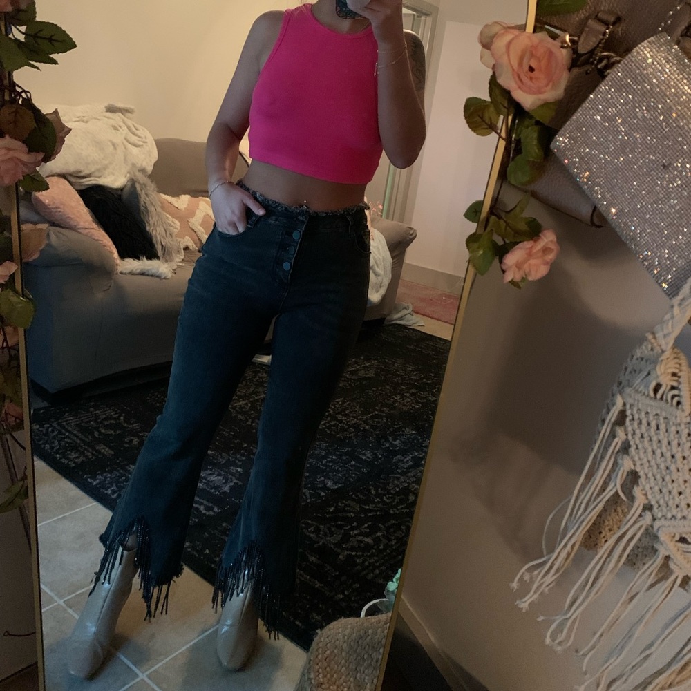 Black Fringe Rhinestone Jeans